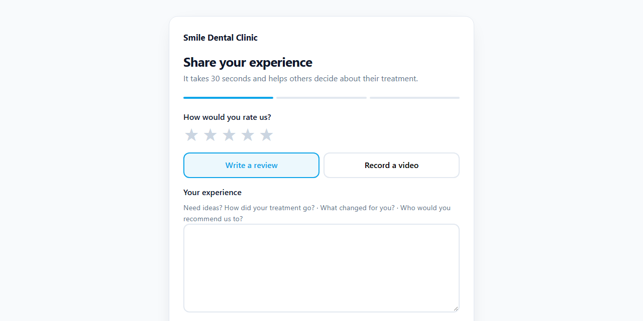 The review form on a phone: stars, video or text, consent checkbox