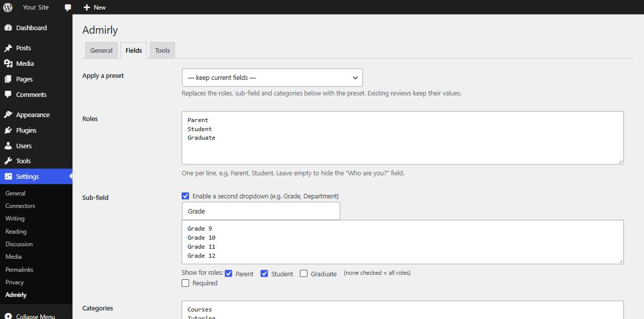 Settings → Fields: roles, sub-field and categories